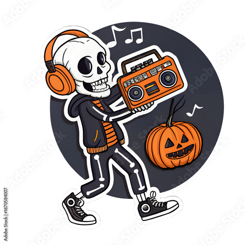 halloween pumpkin character , Vintage Boombox & Skeleton,Spooky Street Style,Halloween Skeleton Music