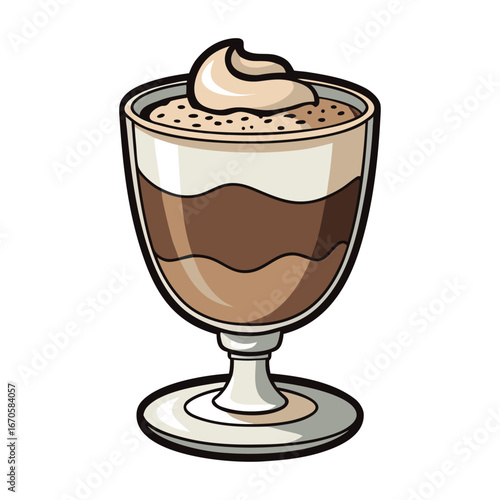 Delicious tiramisu dessert in a glass cup with cocoa dusting vector illustration, perfect Italian sweet treat artwork for food lovers