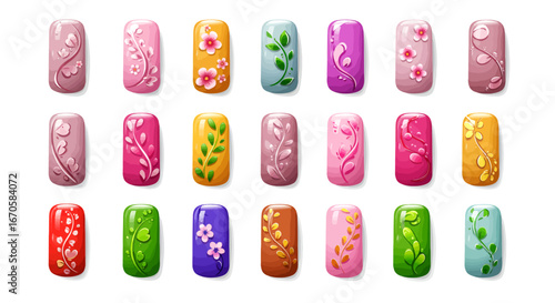 Nail art collection floral patterns colorful manicure beauty salon