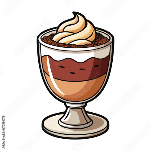 Delicious tiramisu dessert in a glass cup with cocoa dusting vector illustration, perfect Italian sweet treat artwork for food lovers