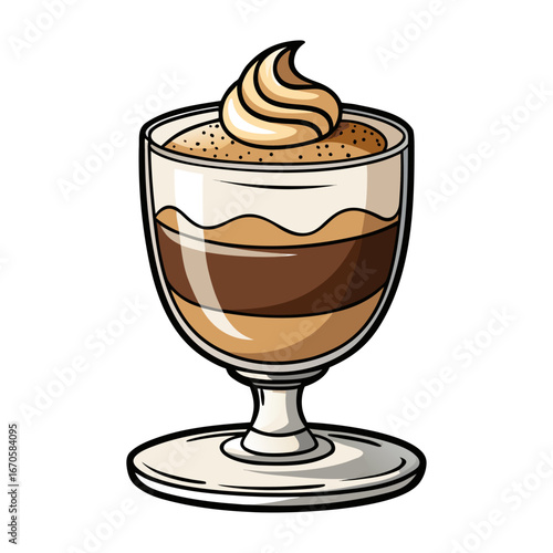 Delicious tiramisu dessert in a glass cup with cocoa dusting vector illustration, perfect Italian sweet treat artwork for food lovers