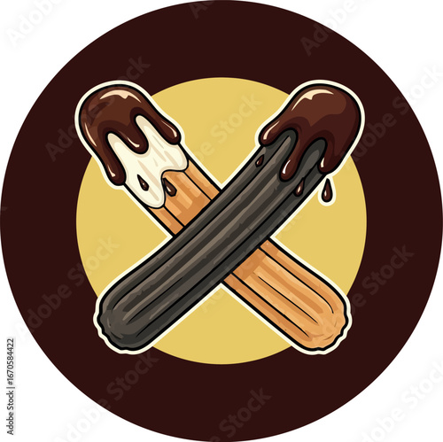 Delicious churros dipped in chocolate isolated on a circle vector