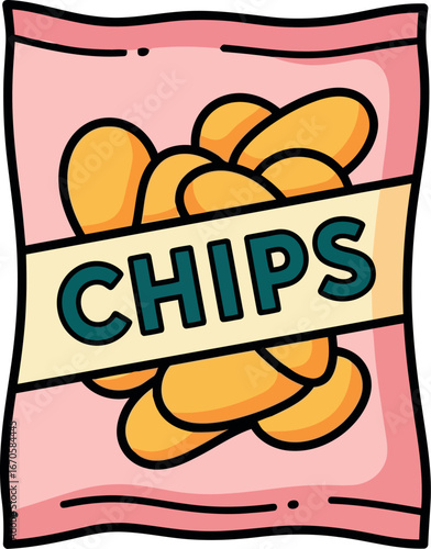 Hand-drawn crisp potato chip bag snack food illustration vector