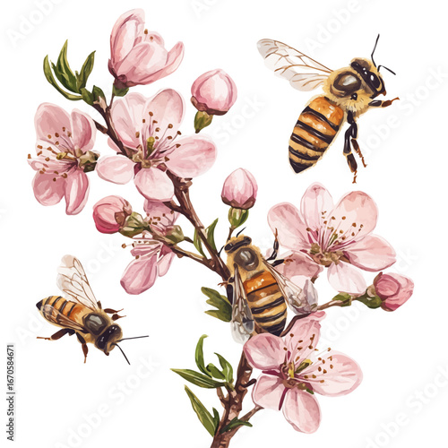 Bees Flying Spring Blossoms, watercolor vector, isolated on a white background.