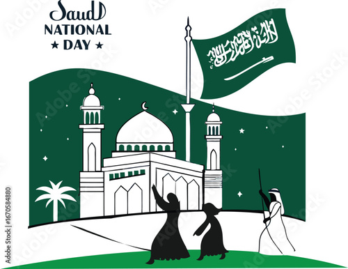 Saudi National Day Celebration Mosque and Flag Vector Art