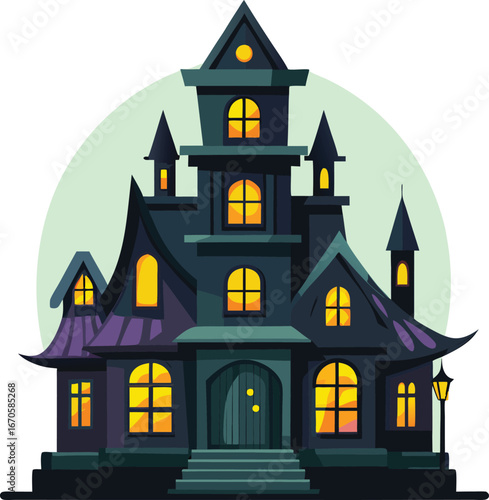 : haunted mansion with glowing windows vector clea.eps