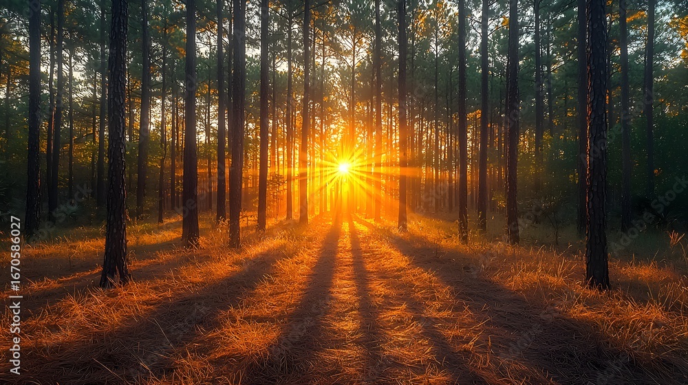 Fototapeta premium A serene, low sun casting long, golden shadows on the floor of a coastal palm forest, with warm light rays beaming through the dense trees