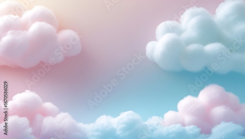 A soft pastel gradient background transitioning from baby pink to sky blue, overlaid with fluffy cotton candy-style clouds, dreamy and calming ideal for kids, lifestyle, or feminine themes.