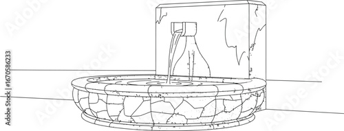 Stone fountain with flowing water, architectural line drawing