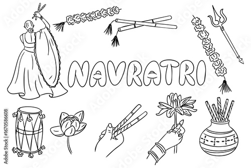 Navratri celebration elements in hand drawn black and white style, including dancer, dandiya sticks, lotus and festive decorations. Traditional Hindu festival concept with cultural symbols