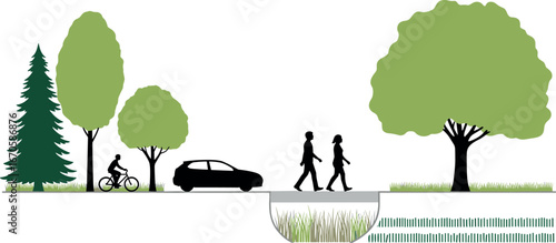 Streetscape Illustration with Pedestrians, Cyclist and Car