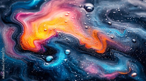 A macro shot of iridescent oil paint swirls on a canvas, with rich textures, flowing movements, and vibrant gradients of blue, orange, and gold