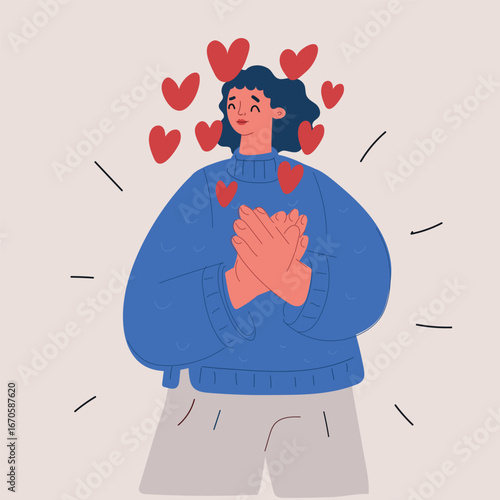 Cartoon vector illustration of woman hugging herself with hearts, symbolizing self love, kindness, and emotional well-being