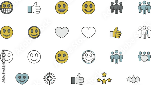 Emoji & Social Icons Set | Smileys, Hearts, Thumbs Up, Stars, People, Groups, Happy Faces, Feedback, Communication Flat Vector Graphic Designs