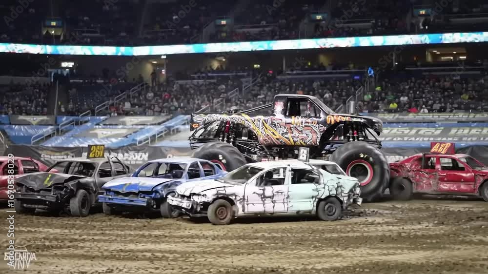 Stuntshow Monster truck performing stunts in arena with wrecked cars Stock Video ...