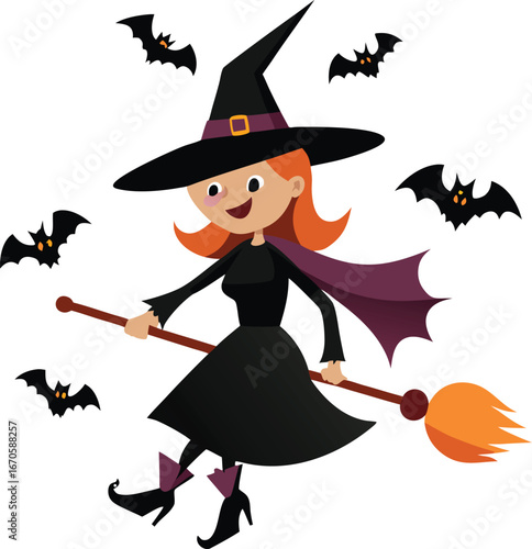 witch riding broom with bat companions vector cl.