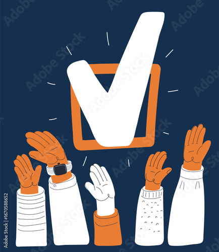 Cartoon vector illustration of hands voting with checkmark, symbolizing democracy, choice, and civic responsibility