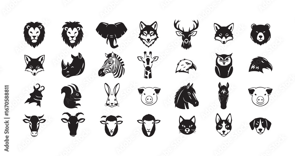 Fototapeta premium Animal head silhouette icon bundle illustration