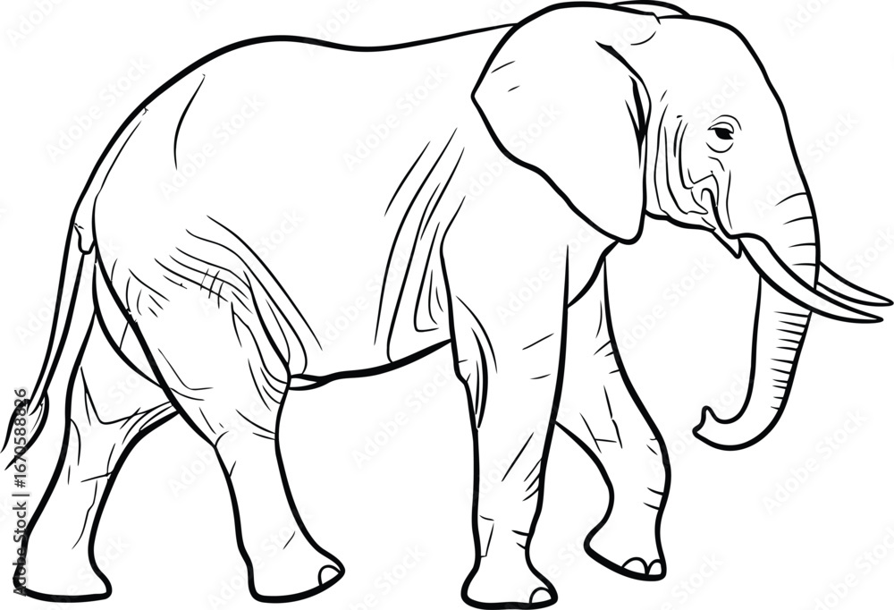 Obraz premium Walking elephant, line drawing of a large mammal on white