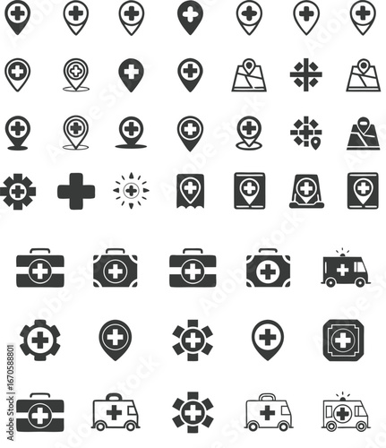 Medical location icons set, healthcare emergency symbols, hospital map pins, ambulance signs, first aid kit graphics, pharmacy cross designs