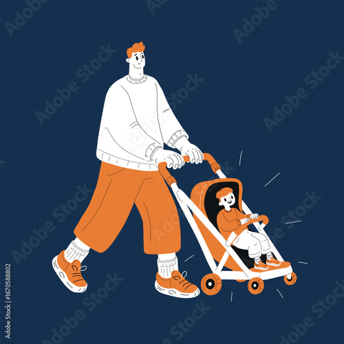 Cartoon vector illustration of father walking with baby stroller, symbolizing family, parenting, and care