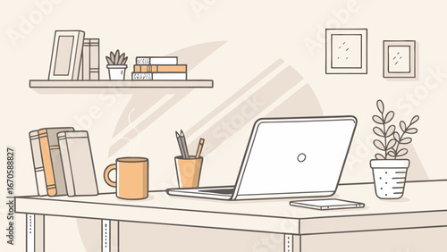 Modern minimalist office workspace with laptop and coffee mug