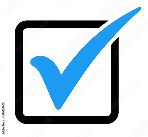 Blue check mark in square box PNG with transparent background, flat minimal approval icon for validation, confirmation and task completion
