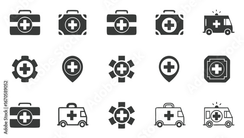 Medical emergency icons set with first aid kits, ambulance, healthcare cross, hospital location, rescue support, and urgent care service symbols