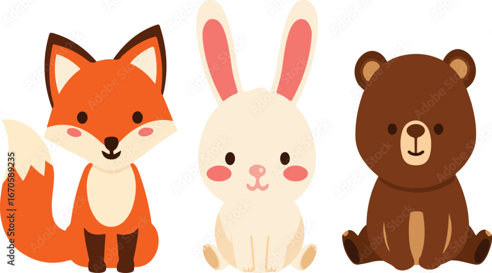 Fototapeta premium A cute and playful cartoon set of baby animals including a bear, bunny, rabbit, dog, cat, and teddy, all in fun and colorful styles, perfect for a child’s room or toy collection