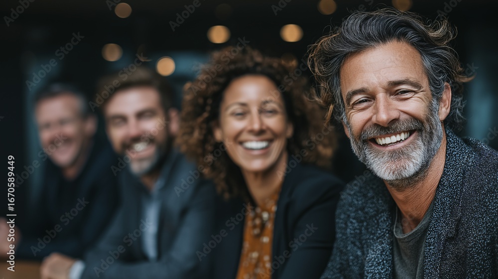 Fototapeta premium Successful business team five people smiling professional diverse teamwork collaboration office happy confident positive energy blurred background