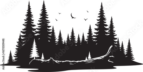 Black silhouette of a forest with fallen log and birds