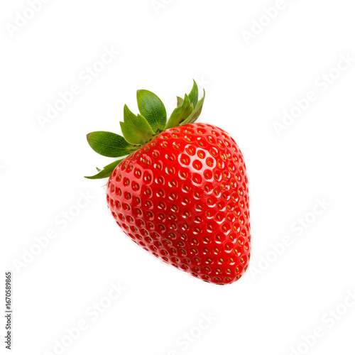 Crimson Strawberry: A singular, vibrant strawberry stands out with its rich red hue and lush green leaves, inviting a taste of natural sweetness and freshness.