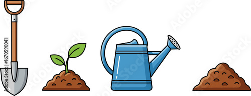 Illustration of gardening tools including a shovel, young plant growing in soil, blue watering can, and soil mound on white.