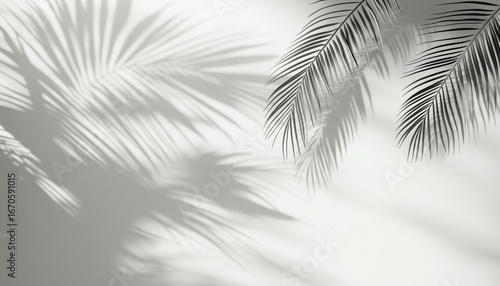 Natural Palm Leaf Abstract: Grey Shadow Falling On White Wall For Texture And Wallpaper. Tropical Foliage Overlay Effect For Mockup.