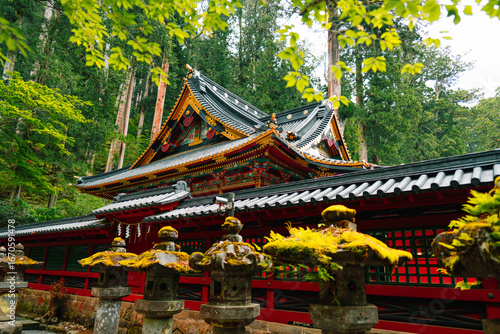Traditional Japanese temple roof with intricate details surrounded by lush green forest in Japan