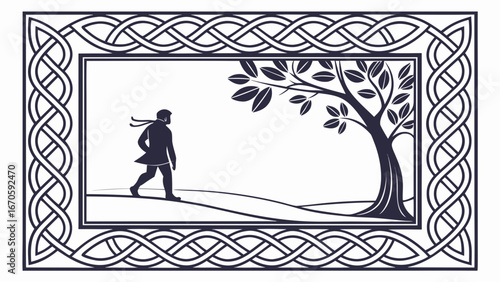 Silhouette of a man walking by a tree framed with celtic knotwork design in monochrome illustration style