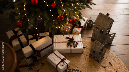 Christmas gift boxes on wooden floor under xmas tree at home. Winter holiday season.