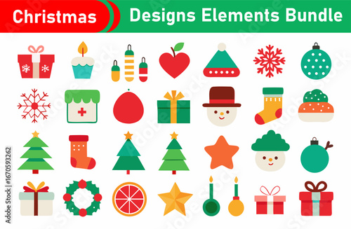 Christmas Designs Elements Bundle with Gift Boxes Trees Ornaments and Festive Decorations