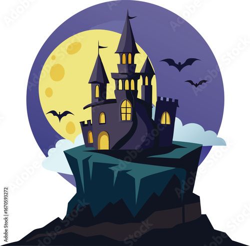 haunted castle on cliff with full moon clean white