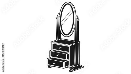 Illustration of a cheval mirror with three drawers in a black and white minimalist style drawing design