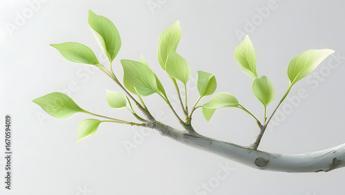 Flat vector illustration of a tree branch with soft green new leaves sprouting, isolated on white background, minimal clean botanical design