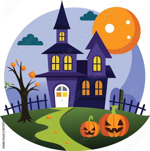 haunted house with pumpkin patch in front clean white