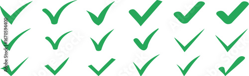 Green check mark icon set, hand-drawn checkmark illustration, approval check icon isolated on transparent green check mark symbols 

