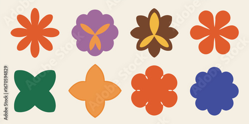 Flower geometric shapes. Colorful brutalism abstract symbols. Isolated vector and decorative patterns 
