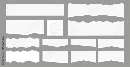Torn sheets of paper. Torn paper strips set. Light beige paper shapes with jagged uneven edges. Ripped fragments for message label, banner, collage and text box .Vector illustration