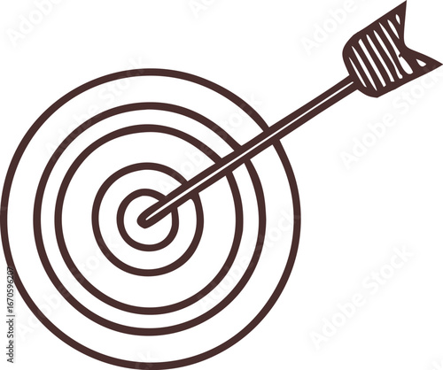 "Target with arrow hitting the center, symbolizing accuracy and success. Outline design for goal achievement, precision, and focus concepts. Simple bullseye icon for business and strategy themes."