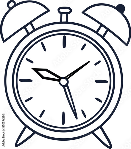 Classic alarm clock icon with ringing bells and time display. Retro wake-up timer design for punctuality and schedule concepts. Simple line art illustration of a traditional clock."