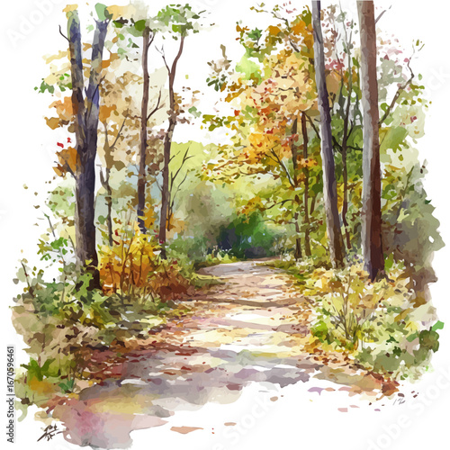 Autumn Forest Trail Walk, watercolor illustration vector, isolated on a white background.