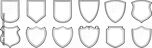 Shield icons set, shield vector, police badge shape. Vector military shield silhouette on white background.  
