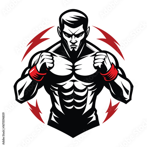 Strong muscular fighter with a beard isolated on white background ready for a fight